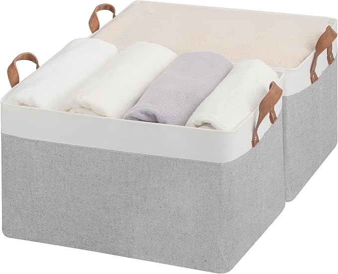 StorageWorks Storage Bins, Fabric Storage Bins for Shelves, Extra Large Storage Baskets with Metal Frame, Closet Baskets and Bins with Handles, Jumbo, Gray and White, 2-Pack