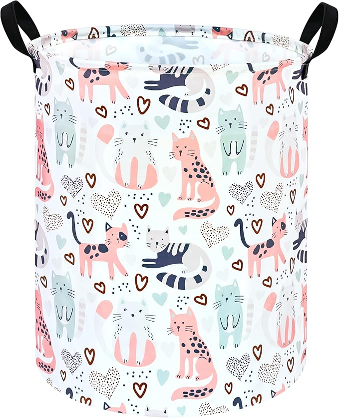 KUNRO Round Cat Laundry Gift Basket Storage Hamper, Kids Toys and Clothes Storage Organizer Bins, Toy Shelf Basket with Handles for Room Decor