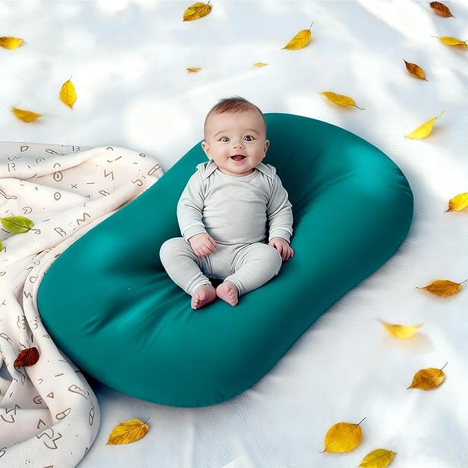 Baby Lounger 0-24 Months 100% Cotton-Snuggle Cozy Me Lounger,Soft & Breathable Tummy Time Mat for Newborn Infant Play Mat,Babies Essentials Gifts,Green(Lounger Cover Included)