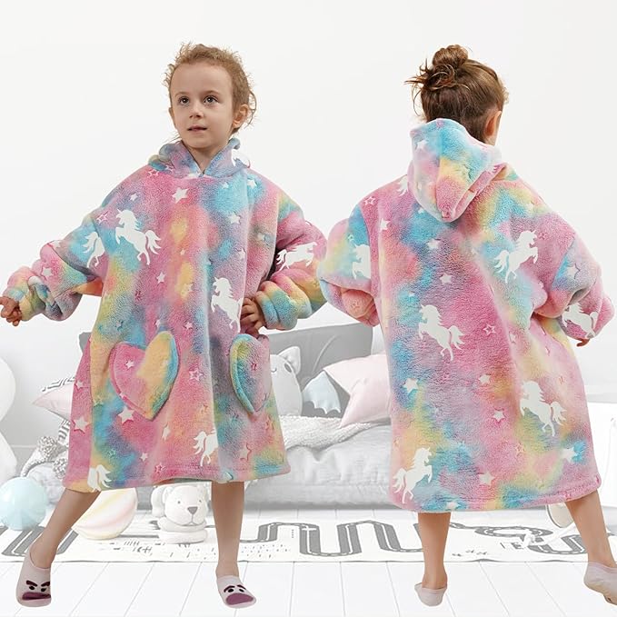 Fiosnow Glow in the Dark Horse Blanket Hoodies for Kids Toddler 2-6YR Oversize Wearable Blanket Hoodies for Boys Girls