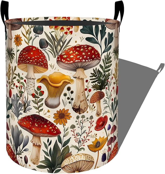 Whimsical Mushroom with Forest Plants Laundry Basket with Handles, 19.7"x15.7" Clothes Foldable Laundry Hamper Organizer for Dorm Nursery Bedroom Bathroom Decor, Toy Storage Bin for Kids