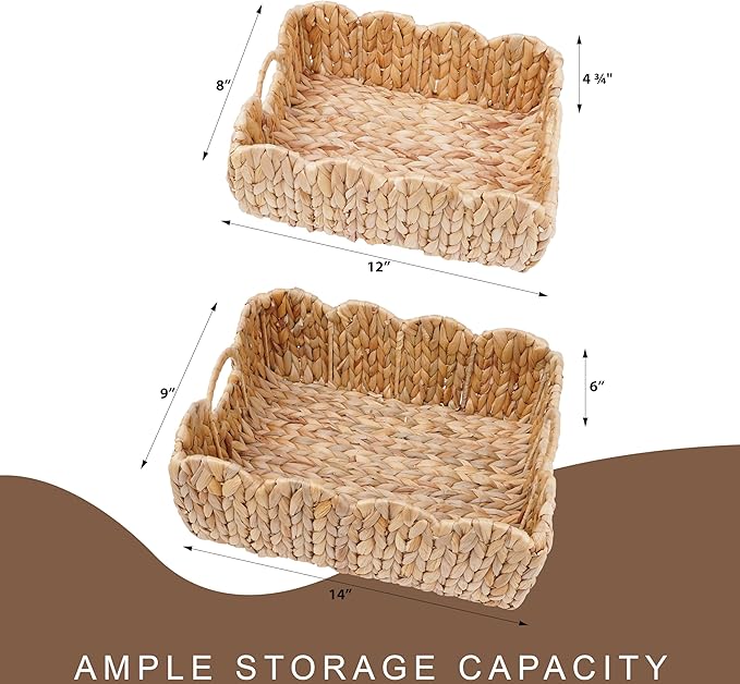 Set of 2 Scalloped Edge Wicker Storage Basket with Built-in Handles, Rectangle Water Hyacinth Basket for Organizing, Decorative Woven Rattan Basket for Shelf, Nursery Room