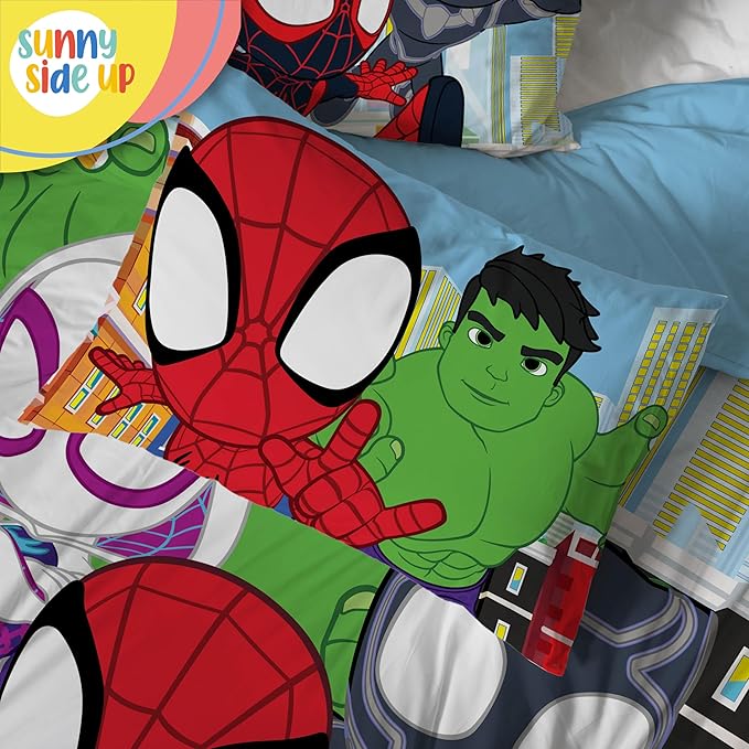 Sunny Side Up Marvel Spidey & His Amazing Friends Toddler Comforter Set - 4 Piece Preschool Bedding Includes Comforter, Sheets & Pillow Cover – Super Soft Superheroes Microfiber Bed Set