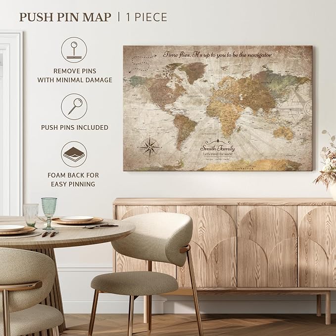ElephantStock - Personalized Be The Navigator I Push Pin World Map Wall Art - Horizontal Canvas Wall Art - Living Room Wall Decor - Digital Art Map Canvas Art - Brown And Beige Decor - 45" x 30"
