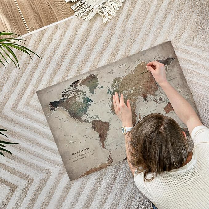 ElephantStock - Our Adventures World Map With Push Pin Iii Wall Art - Horizontal Canvas Wall Art - Living Room Wall Decor - Printmaking Map Canvas Art - Beige And Brown Decor - 30" x 20"