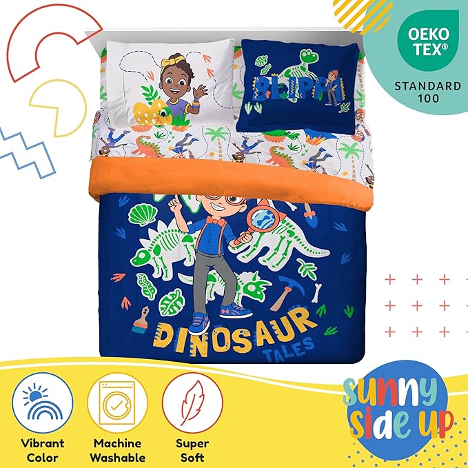 Sunny Side Up Kids Comforter Set Includes Sheets and Pillow Covers - Soft and Cozy Bed Set for Stylish Room Decor, Blue - Blippi, 7 Piece Full Bedding