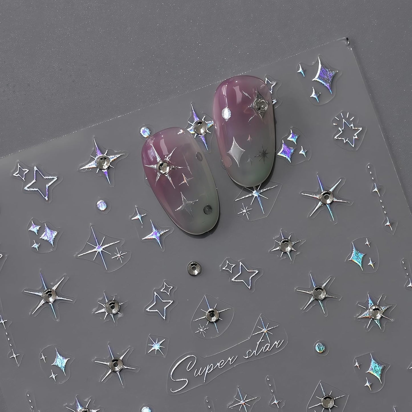 Glitter Diamond Stars Nail Art Stickers 3D Self-Adhesive Crystal Silver Decals Luxury with Rhinestones Stars Charms Design Stickers for Women DIY Manicure Decorations