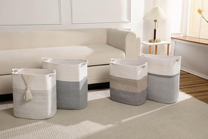 Tall Laundry Basket With Handles,Woven Cotton Rope Big Laundry Hamper Sorters,Versatile Storage for Dirty Clothes,Baby Toys,and Blankets in Bathroom, Nursery,and Living Room (White/Black Line, 80L)