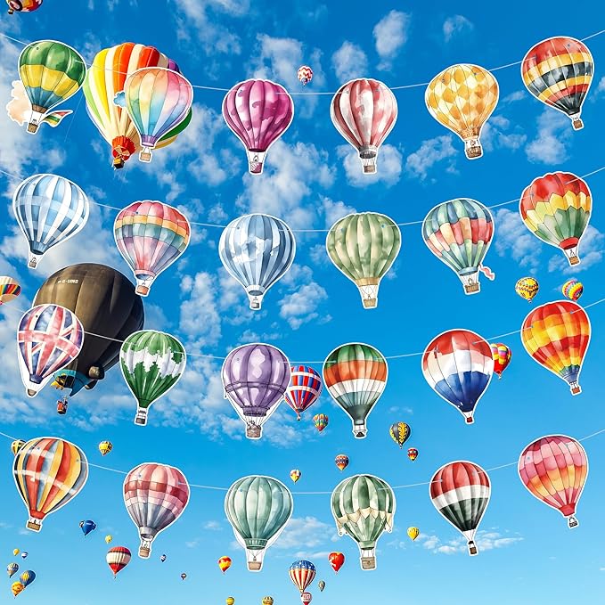 4 Packs Hot Air Balloon Theme Garland Banner Set – Watercolor Balloon Party Banner Balloons Birthday Bunting Decor for Wedding, Baby Shower,Adventure Theme Party,Travel Themed Celebrations, 24 Styles