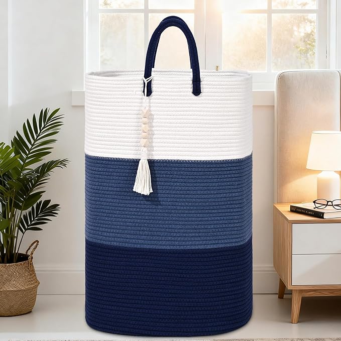 Woven Laundry Basket for Clothes,65 L Large Rectangle Laundry Hampers with Beads Tassel, Nursery Storage Basket for Toys, Tall Dirty Clothes Hamper for Bedroom Aesthetic, Laundry Room Organization