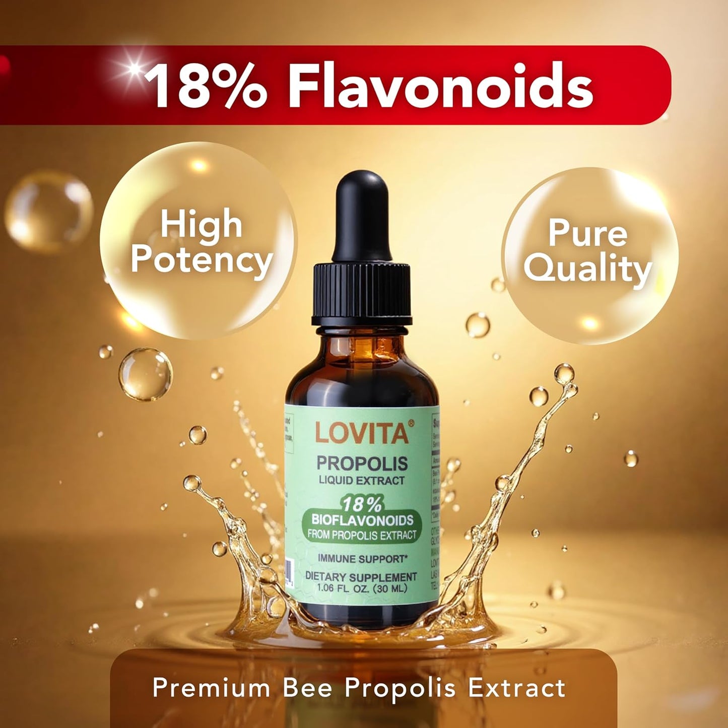 Lovita Bee Propolis Liquid Extract 500mg, 5:1 Resin Drops with 18% Bioflavonoids, Alcohol-Free Antioxidant, Immune Support & Throat Soothing, Gluten-Free, Non-GMO, 1 Fl Oz (30 mL), 90 Day Supply