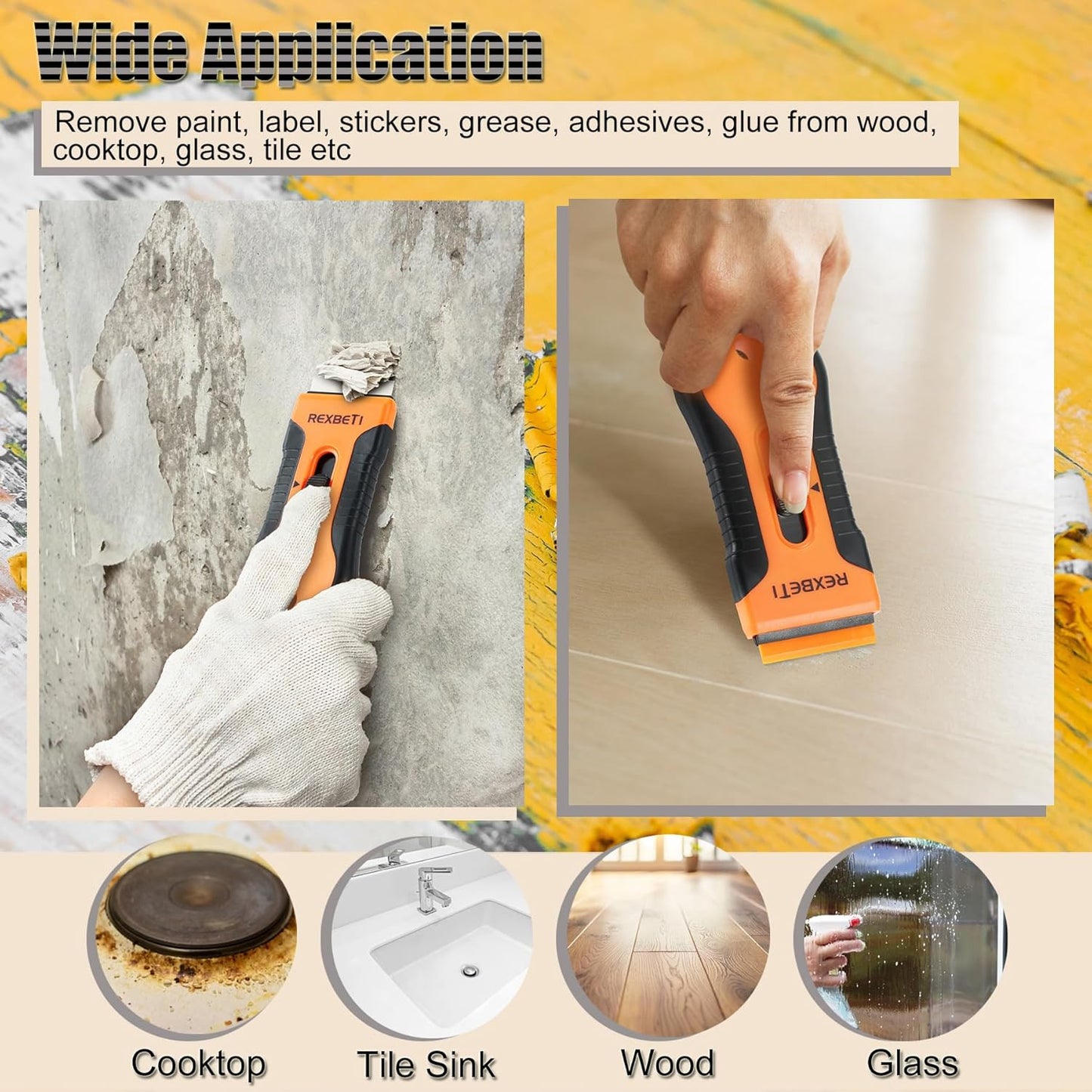 REXBETI Razor Blade Scraper Tool, 4 Pack Razor Scraper Set with Extra 120Pcs Razor Blades- 40Pcs Metal and 80Pcs Plastic Blades, Cleaning Scraper Tool, Cooktop Scraper, Paint Scraper, Glass Scraper