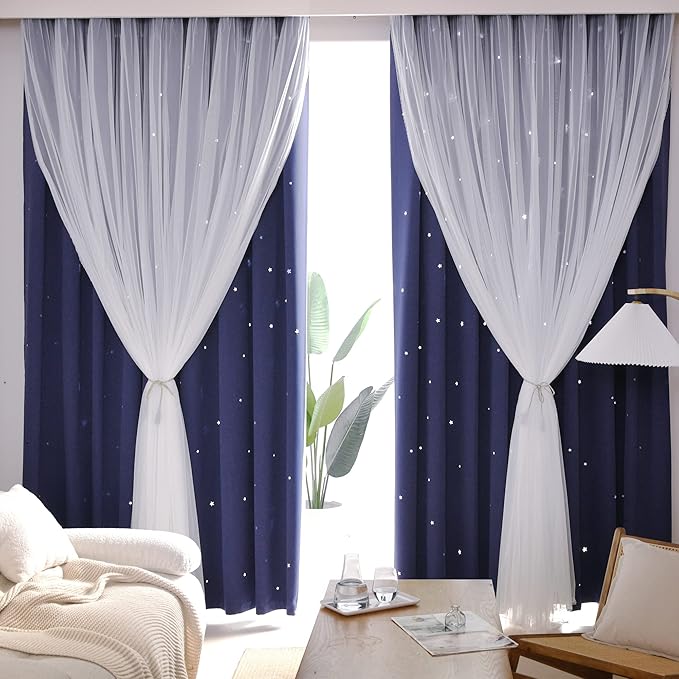 Kinryb Kids Star Cutout Curtains for Bedroom/Living Room/Classroom,2 Free Tiebacks Sheer Overlay 2 Panel Set, Double Layer Curtains for Kids Room(Each Piece W70 x L95 Inches 2 Pcs Navy Blue)