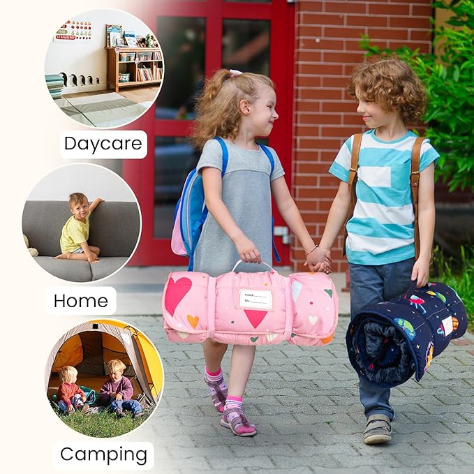 Toddler Nap Mat with Pillow and Minky Blanket, Large 55"x35" Sleeping Bag, Washable, Lightweight, Easy to Roll, Perfect for Preschool, Daycare, Kindergarten, Travel, Boys and Girls(Space)