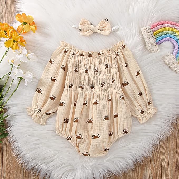 2pcs Infant Baby Girls Romper Dress Headband Long Sleeve Clothing Flowers Newborn Boho Girl Outfit Jumpsuit Clothes