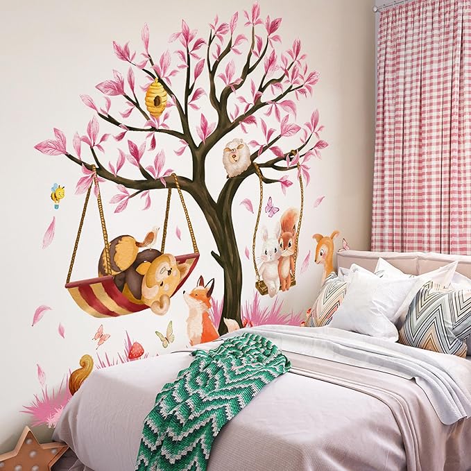 Cute Jungle Theme Wall Stickers Removable Animal Forest Wall Decals Elephant Monkey Lion Giraffe Zebra Peel and Stick Tropical Wall Art Decor for Nursery Bedroom Classroom (Pink)