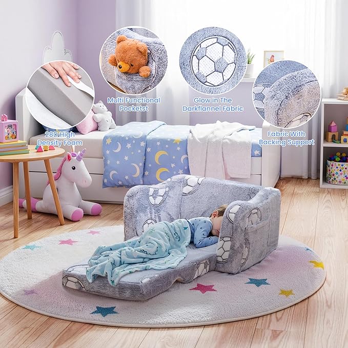 Lamerge 2-in-1 Toddler Couch,Glow in The Dark Baby Floor Bed,Foldable Toddler Chair Kids Sofa for playroom,Convertible Sofa to Lounger for Girls and Boys (Grey and Football)