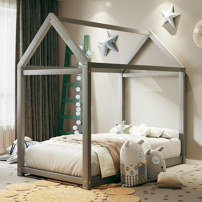 Merax Wood House Bed,Floor Bed with Wood Slats,No Box Spring Needed,Twin Size, Grey