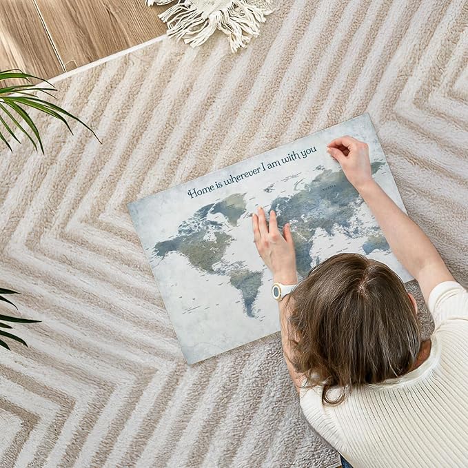 ElephantStock - Home With You II Push Pin World Map Wall Art - Horizontal Canvas Wall Art - Living Room Wall Decor - Digital Art Map Canvas Art - Blue And Gray Decor - 24" x 16"