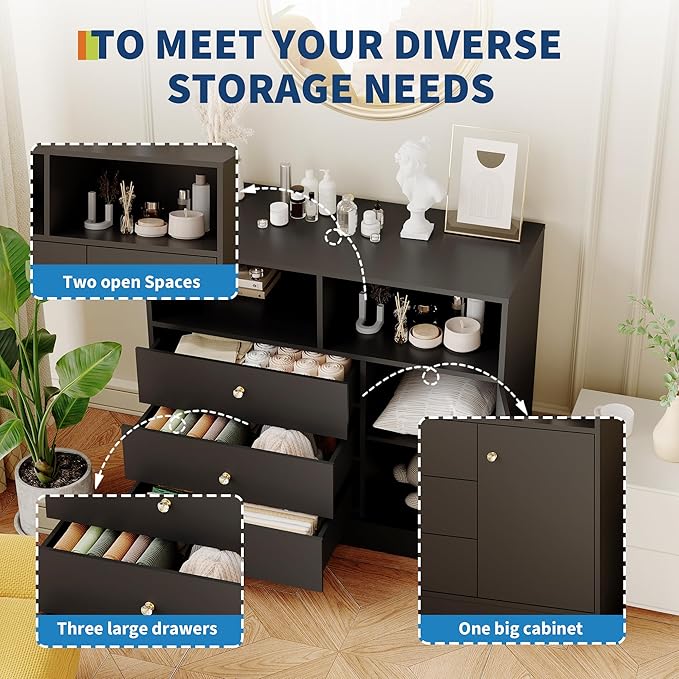 Baby Changing Table Dresser, Wooden Diaper Changing Station with 2 Open Shelves, 3 Drawers, and 1 Cabinet, Modern Baby Dressers for Nursery, Bedroom, Kids Room, Black