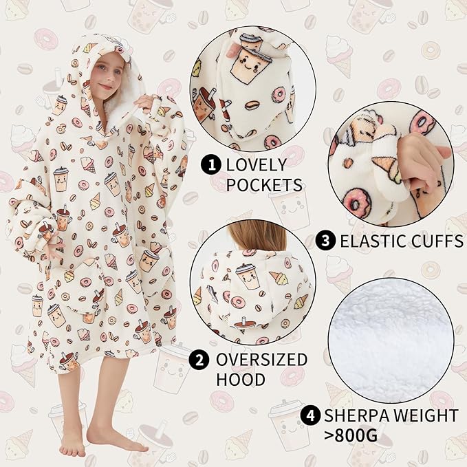 Fiosnow Doughnut Blanket Hoodies for Kids 6-13YR Oversize Wearable Blanket Hoodies for Boys Girls Teens