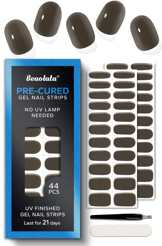 Pre Cured Gel Nail Strips - 44PCS Salon Quality Gel Nail Stickers - Long Lasting Polish Wraps for Women no UV Light Needed Easy Apply& Remove (Fern Brown)