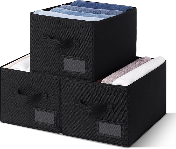 GRANNY SAYS Shelf Storage Bins, Fabric Storage Baskets for Closet and Clothes, Collapsible Storage Boxes with Handles, Decorative Storage Containers for Bedroom, Black, Large, 3-Pack