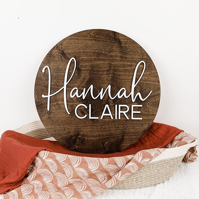 Custom Round Nursery Name Sign, Personalized Wooden Wall Plaque, 12" 18" 24" 30" 3D Wall Art for Children & Kids Rooms, Baby Shower, Hickory Hollow Designs (Hannah Claire)