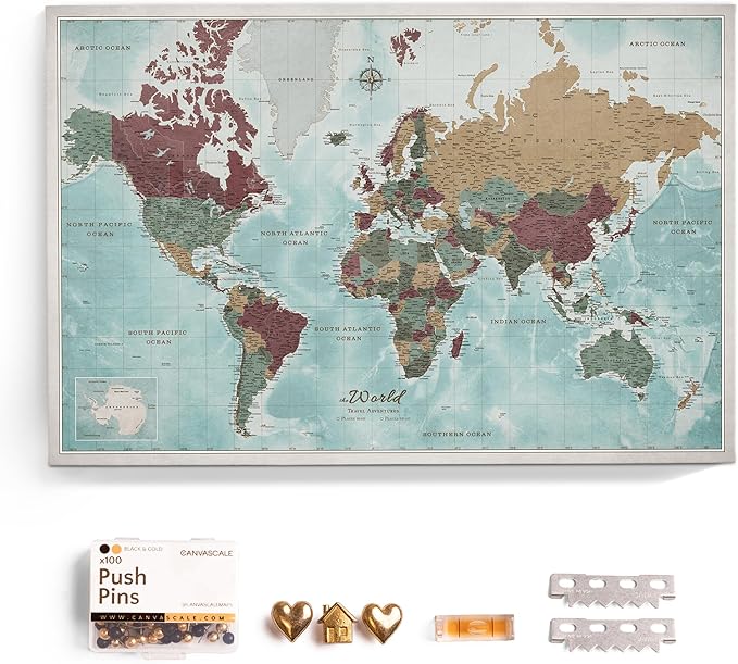 Canvas World Map with Cork Pin Board - English Lettering - Decorative Wall Decoration for All Rooms - Canvas Pictures with World Map Motif (70x50 cm, Pattern 11)