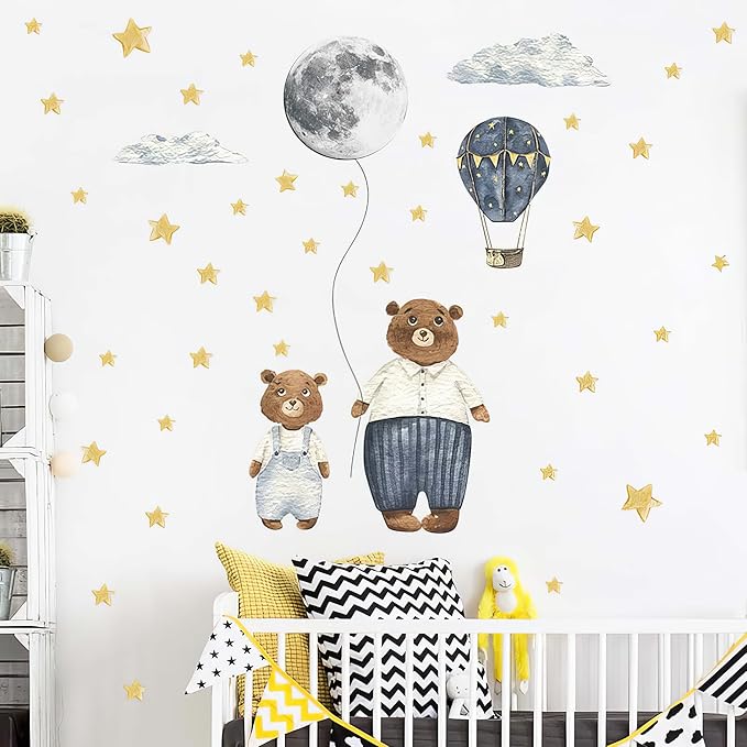Papa & Baby Bear Wall Decals - Peel and Stick Bears Hot Air Balloon Stars Moon Clouds Wall Stickers, Decor for Baby Nursery, Toddler & Kids Bedroom Walls (Bears)