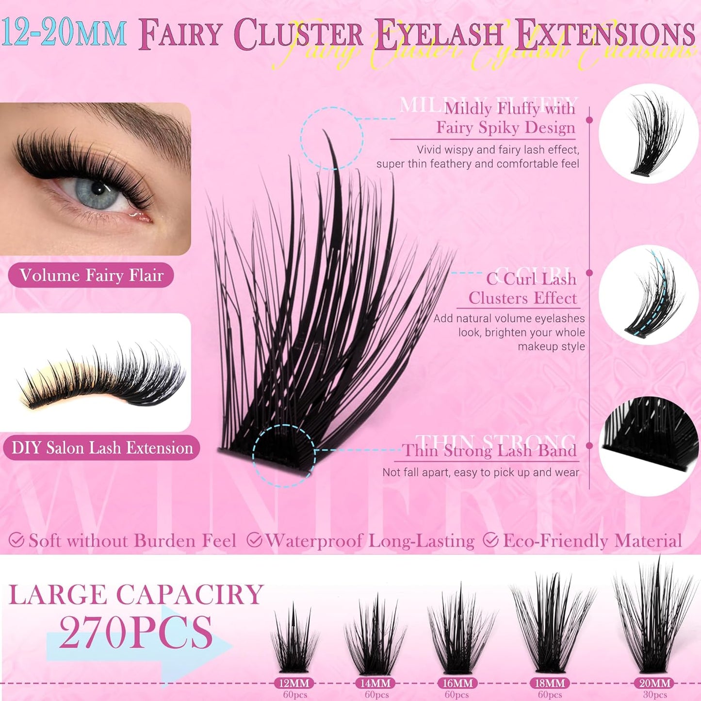 Winifred Lash Clusters Kit Fairy Eyelash Clusters with Spikes Wispy Lash Extension Kit Natural Cluster Eyelash Extensions C Curly Anime Individual Lashes Kit Lash Bond and Seal Tweezers (12-20mm)