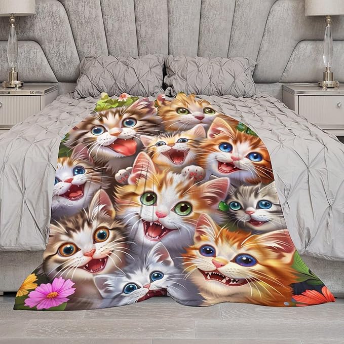 Cat Blanket Funny Cat Gifts for Girls Boys Woman Kids Lover Throw Blankets Soft Blanket Warm Fleece Flannel Plush Blankets for Bed Sofa Couch 60"x80"