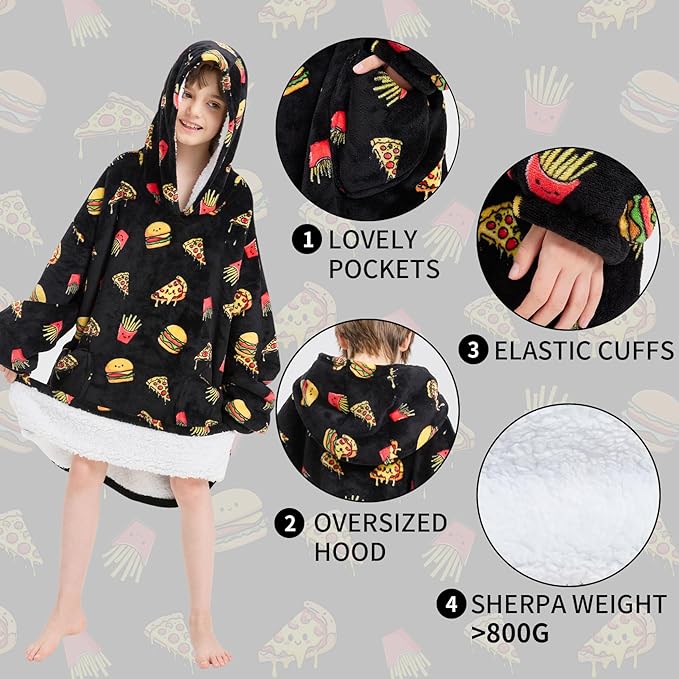 Fiosnow Pizza and Chips Blanket Hoodies for Kids 6-13YR Oversize Wearable Blanket Hoodies for Boys Girls Teens