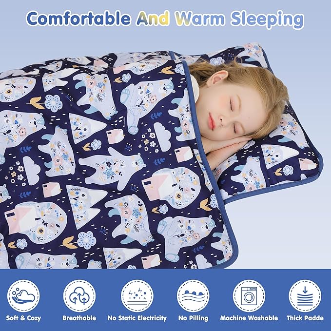 Viviland Toddler Kid Nap Mat for Preschool, Girls Deep Blue Bear Slumber Bag, Daycare Sleeping Bag with Pillow and Blanket, Kindergarten Sleep Mat
