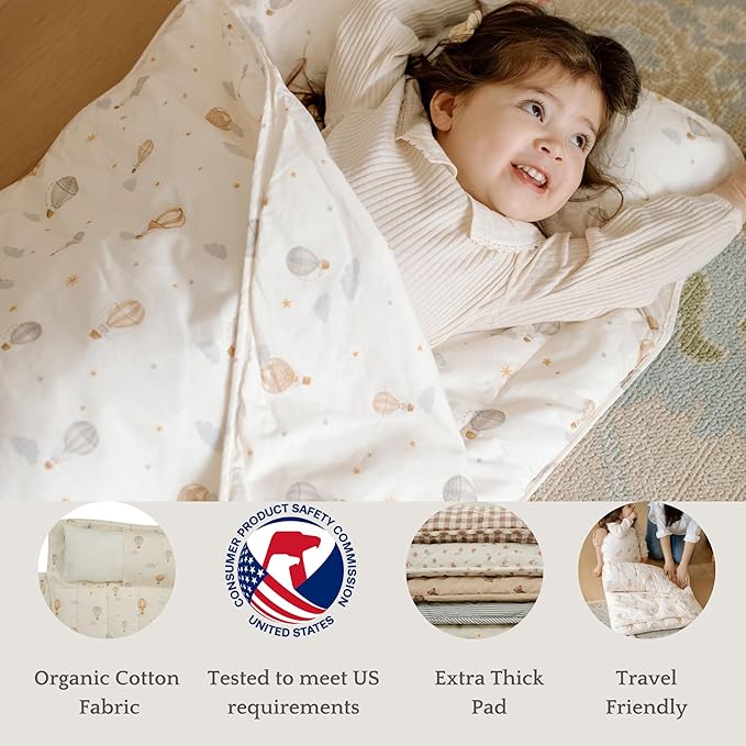 Organic Toddler Nap Mat – 100% Cotton Kids Washable Sleeping Mat & Detachable Pillow – Sleeping Bag with Soft 1.5” Pad – Ideal Nap Mat for Daycare, Preschool, & Sleepovers
