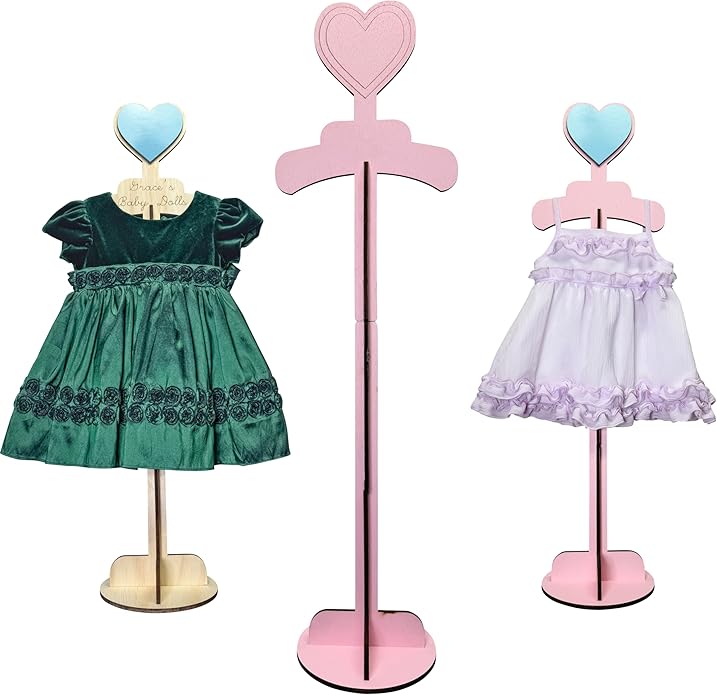 Lumber Reveal USA Baby Clothes Display Stand Personalized Baby Shower Centerpiece or Baby Doll Display | Adjustable Height, Heart-Topped Dress Hanger