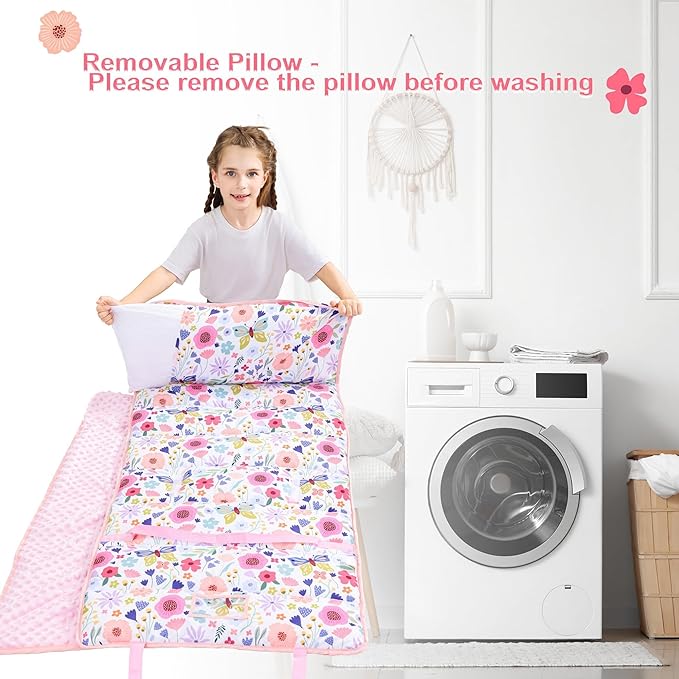Viviland Toddler Nap Mat, Rolled Sleeping Mats with Pillow and Minky Dot Blanket for Girls, Kids Slumber Bag Nap Mat for Preschool, Daycare, Kindergarten, Travel Camping - Butterfly Garden