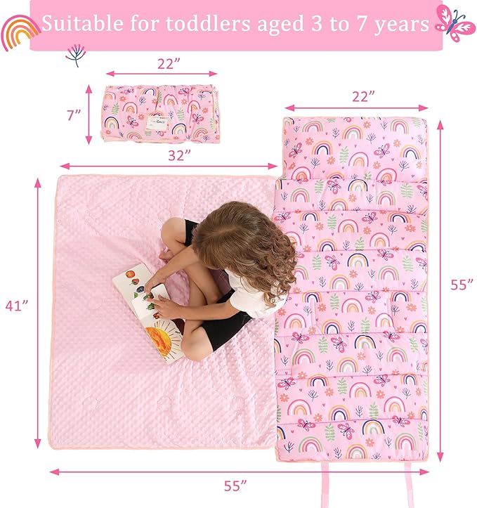 Toddler Nap Mat for Preschool 50''x30'' Sleeping Mat with Removable Pillow and Minky Blanket for Kids Ages 3-7 Roll Up Soft Sleeping Bag for Boys Girls Kindergarten Daycare Sleepover