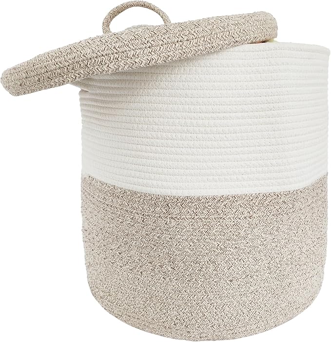 Large Storage Basket with Lid 60L, 16"Wx18"H Woven Laundry Hamper Basket with Handle, Room Decor Cotton Rope Wicker Basket Toy Organizer Bins for Clothes Blankets Pillows, Beige/White Mix includes Lid