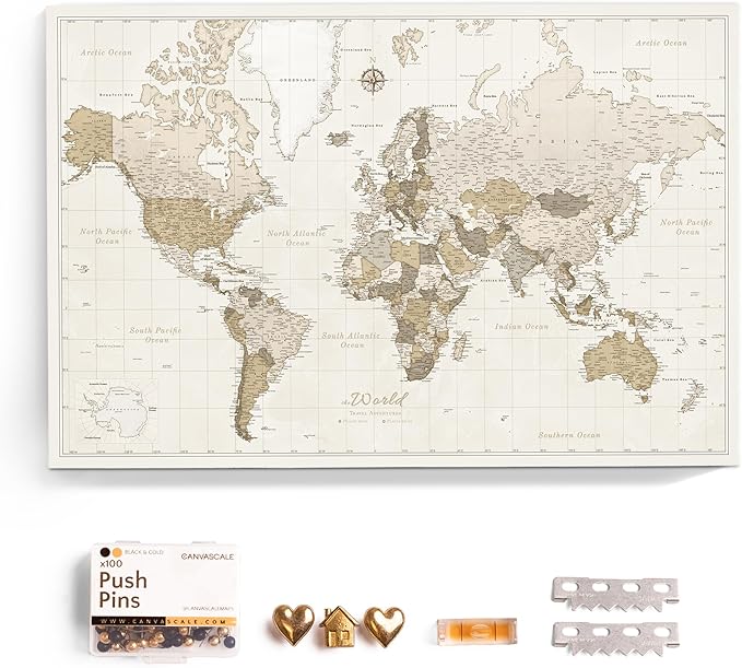 Canvas World Map with Cork Pin Board - English Lettering - Decorative Wall Decoration for All Rooms - Canvas Pictures with World Map Motif (70x50 cm, Pattern 8)