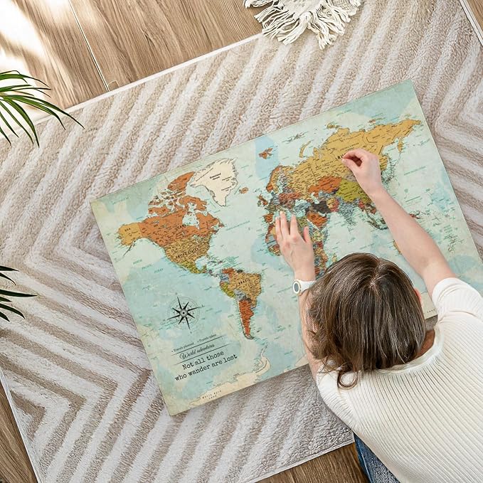 ElephantStock - Personalized Wanderer Push Pin World Map Wall Art - Horizontal Canvas Wall Art - Living Room Wall Decor - Digital Art Map Canvas Art - Orange And Blue Decor - 36" x 24"