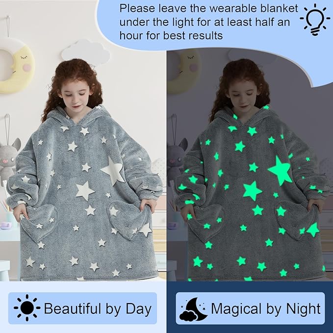 Fiosnow Glow in the Dark Star Blanket Hoodies for Kids 6-13YR Oversize Wearable Blanket Hoodies for Boys Girls Teens