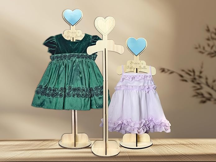 Lumber Reveal USA Baby Clothes Display Stand Personalized Baby Shower Centerpiece or Baby Doll Display | Adjustable Height, Heart-Topped Dress Hanger
