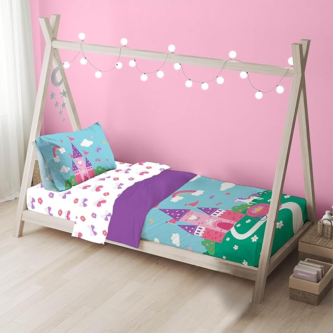 Sunny Side Up Magic Castle Toddler Comforter Set - 4 Piece Preschool Bedding Includes Comforter, Sheets & Pillow Cover - Super Soft Floral Microfiber Bed Set