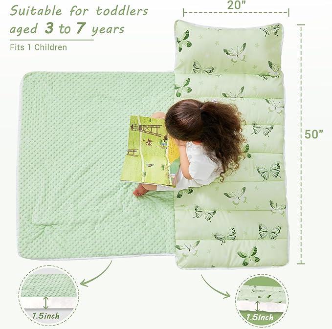 Toddler Nap Mat with Pillow and Blanket, Extra Large Rolled Napping Mats,Slumber Bags for Boys Girls,Kids Sleeping Bag for Daycare, Preschool Travel Camping