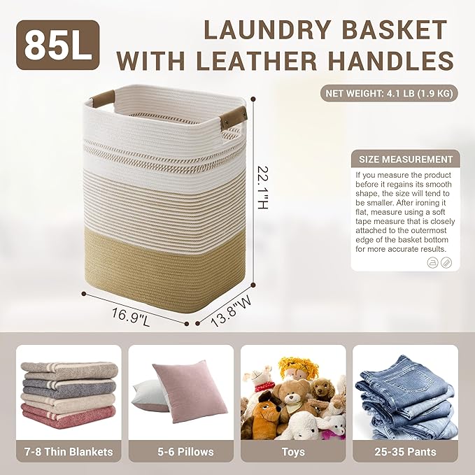 85L Tall Laundry Hamper with Handles for Living Room Storage, Extra Large Woven Rope Baskets Bin for Blanket, Kids Toy, Gifts, Wicker Hamper for Bedroom Dirty Clothes, 17"x14"x22" Khaki