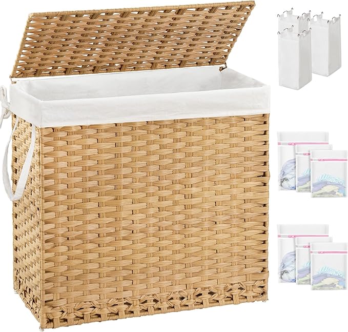 Laundry Hamper with Lid Laundry Basket 132 L (35 Gal) Wicker Clothes Hamper, Handwoven Rattan Hamper with Handles and 4 Removable Liner Bags, 6 Mesh Bags for Laundry Bedroom Natural