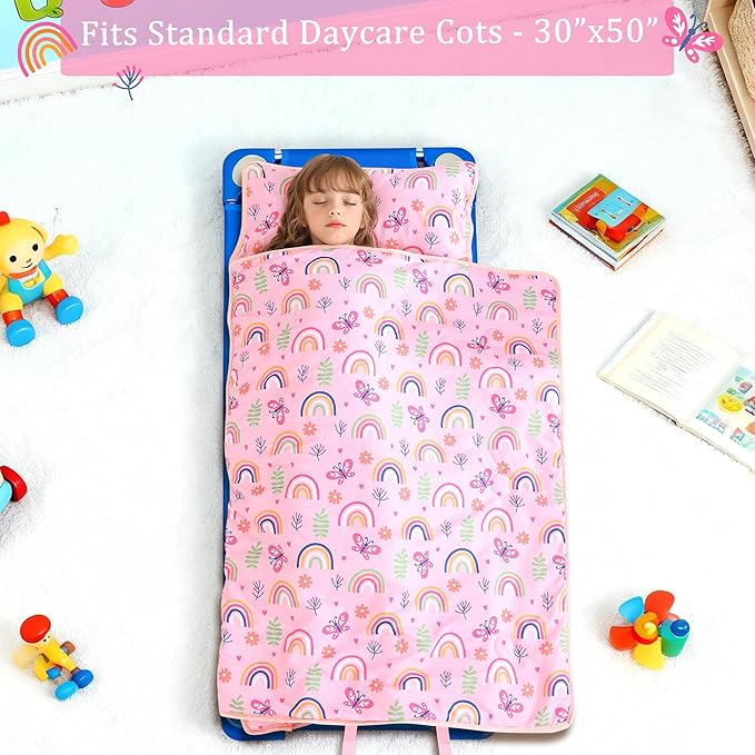 Toddler Nap Mat for Preschool 50''x30'' Sleeping Mat with Removable Pillow and Minky Blanket for Kids Ages 3-7 Roll Up Soft Sleeping Bag for Boys Girls Kindergarten Daycare Sleepover