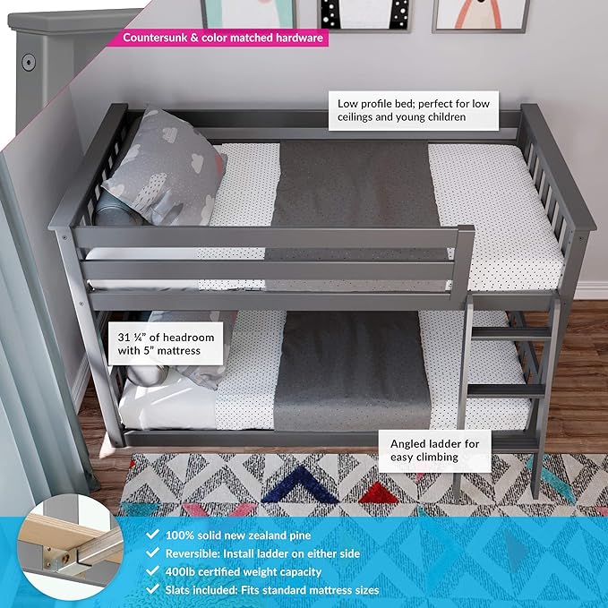 Max & Lily Twin Over Twin Low Bunk Bed with Ladder, Wooden Bunk beds with 14” Safety Guardrail for Kids,Toddlers, Boys, Girls, Teens, Bedroom Furniture, Grey