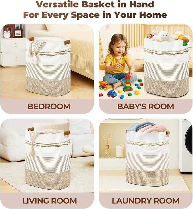 Laundry Basket with Handles - Blanket Basket & Hampers for Bedroom Aesthetic, Laundry Hamper & Blanket Storage for Living Room, Clothes Hamper, Tall, Large 17" x 14" x 22”, Light Brown & White